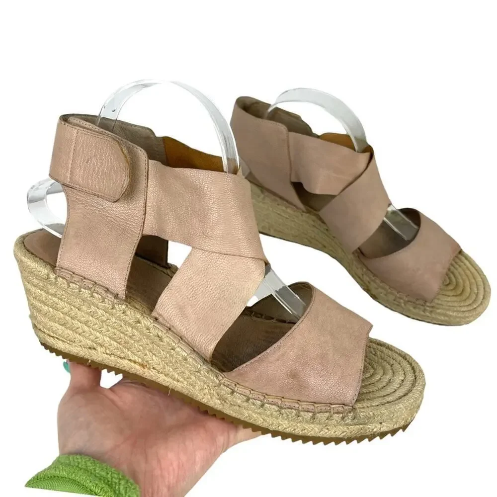 Eileen Fisher Womens SZ 10 Willow Nude Espadrille Platform Leather Wedge Sandals